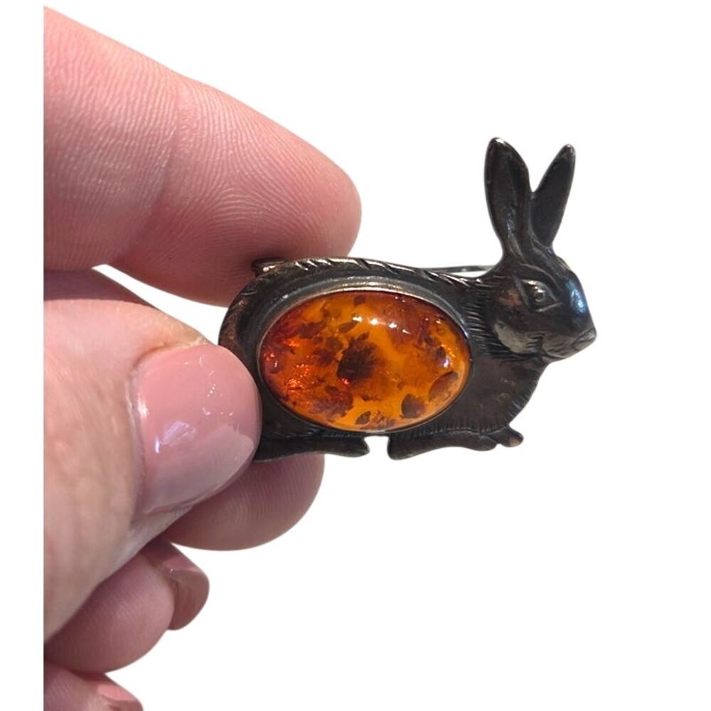 Vintage Sterling Baltic Amber Jelly Belly Rabbit Brooch Bunny Necklace Charm